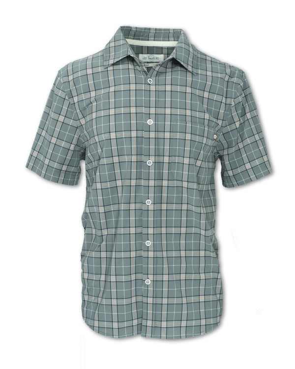 Men’s buttery soft 4-way stretch quick-dry shirt in olive plaid color with a classic men's sportswear fit.