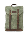 Large waxed canvas travel backpack in olive green, front view
