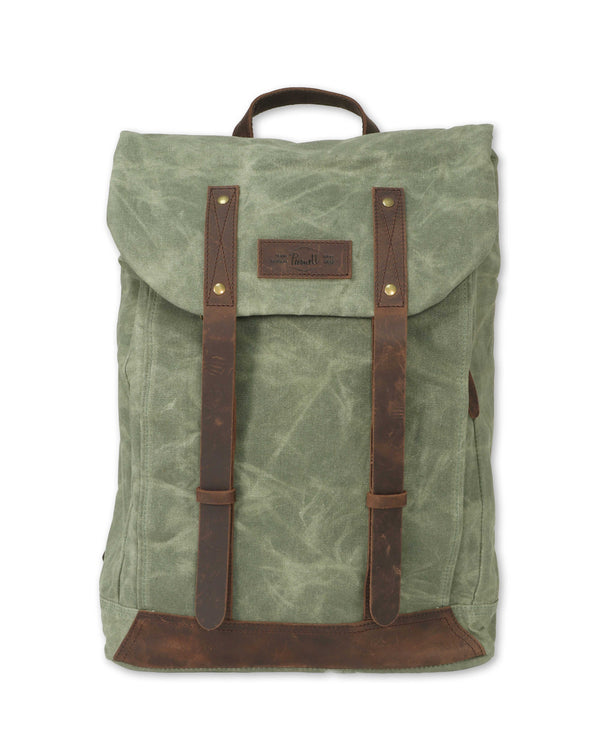 Large waxed canvas travel backpack in olive green, front view