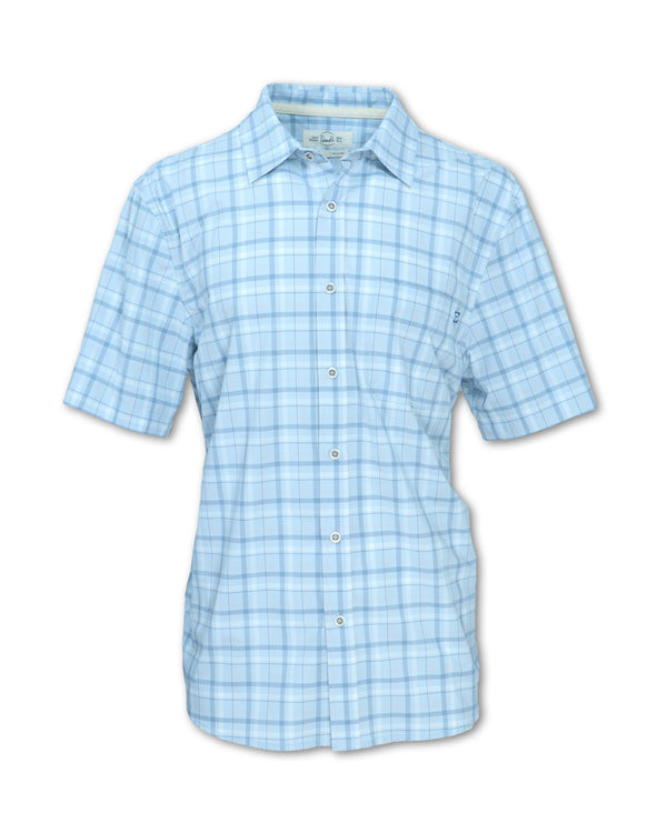 Men’s buttery soft 4-way stretch quick-dry shirt in blue plaid color with a classic men's sportswear fit.