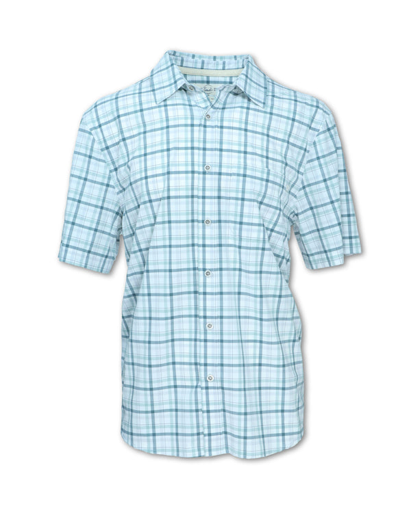 Men’s buttery soft 4-way stretch quick-dry shirt in green plaid color with a classic men's sportswear fit.