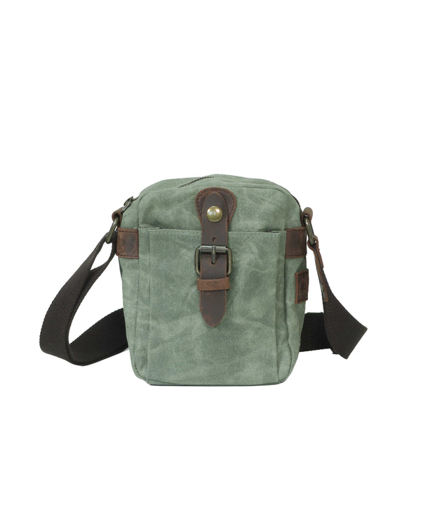 Waxed canvas field bag in olive with crossbody strap, front view
